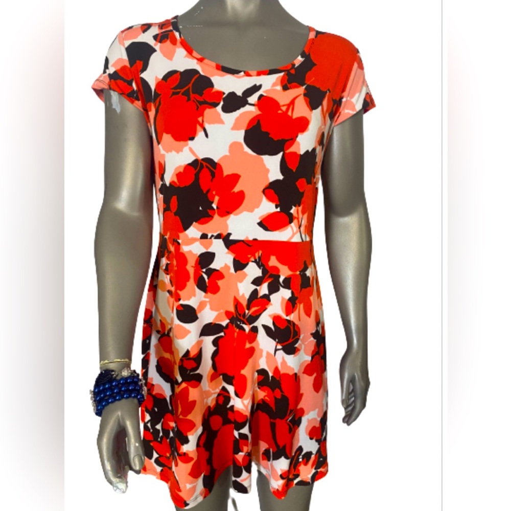 Michael Kors orange black white floral dress zipper back stretchy floral